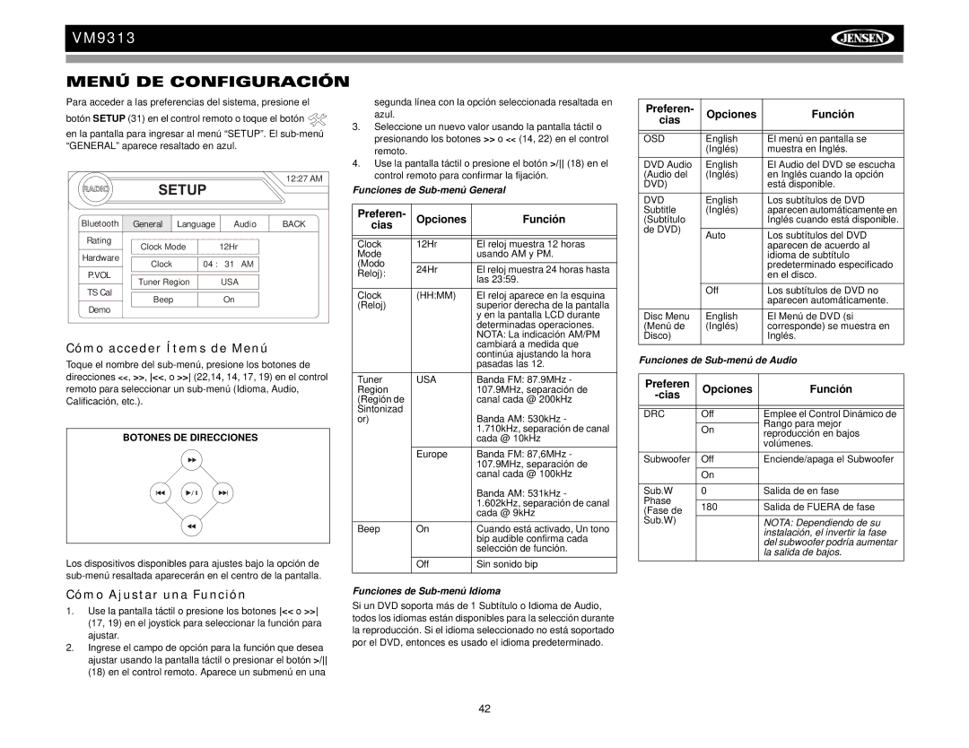 Jensen VM9313 Menú DE Configuración, Cómo acceder Ítems de Menú, Cómo Ajustar una Función, Preferen Opciones Función Cias 