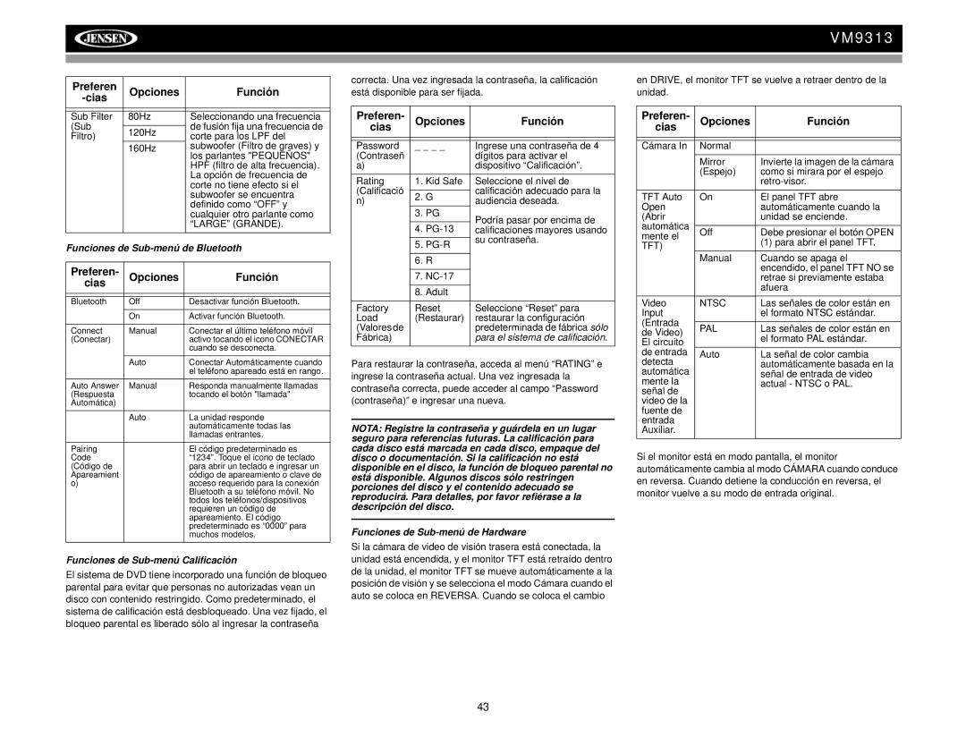 Jensen VM9313 Preferen Opciones Función, Cias, Funciones de Sub-menú de Bluetooth, Funciones de Sub-menú Calificación 