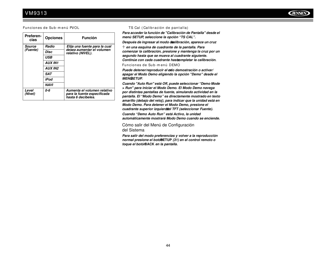 Jensen VM9313 Cómo salir del Menú de Configuración del Sistema, Funciones de Sub-menú P.VOL, Funciones de Sub-menú Demo 