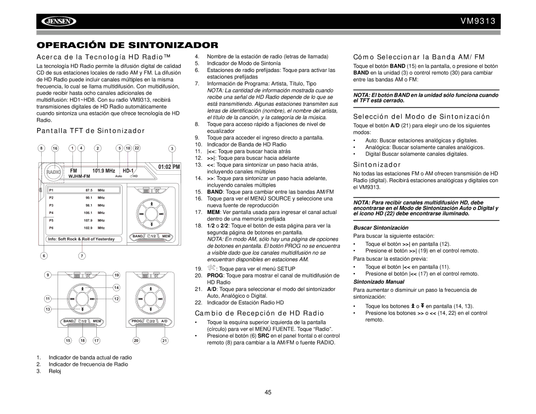 Jensen VM9313 operation manual Operación DE Sintonizador 