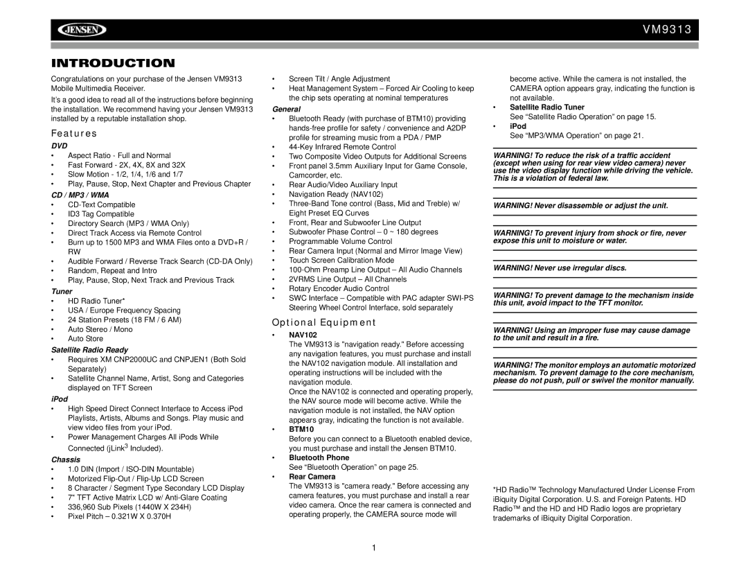 Jensen VM9313 operation manual Introduction, Features, Optional Equipment 