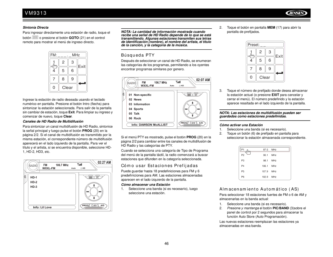 Jensen VM9313 operation manual Búsqueda PTY, Cómo usar Estaciones Prefijadas, Almacenamiento Automático AS 