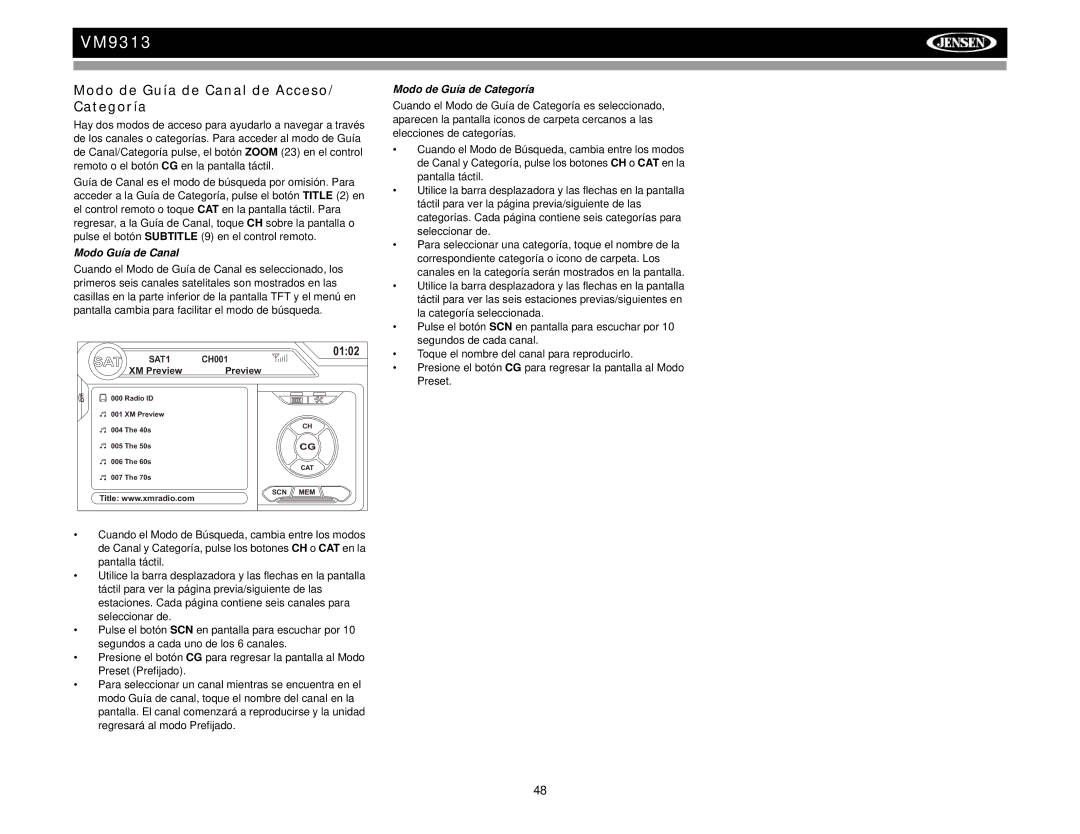 Jensen VM9313 operation manual Modo de Guía de Canal de Acceso/ Categoría, Modo Guía de Canal, Modo de Guía de Categoría 