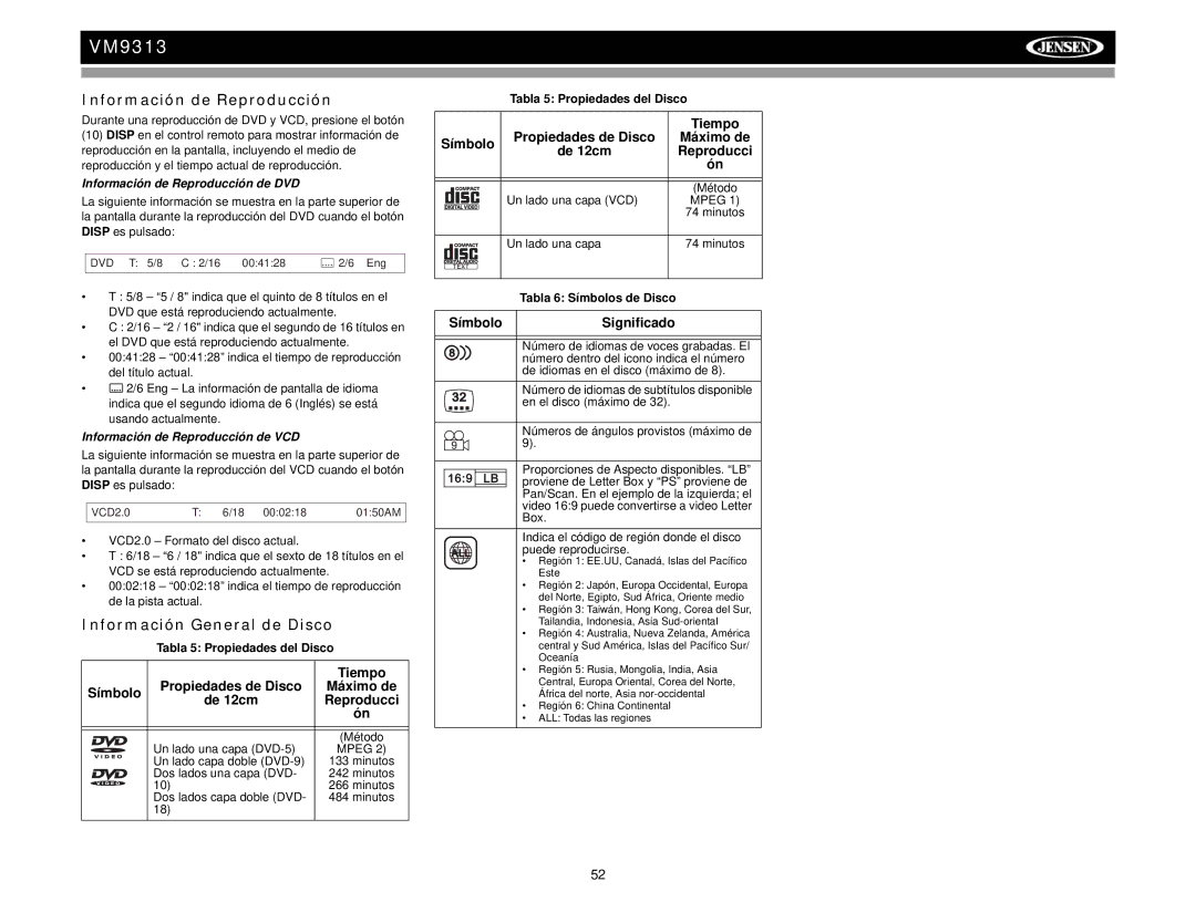 Jensen VM9313 operation manual Información de Reproducción, Información General de Disco, Símbolo Significado 