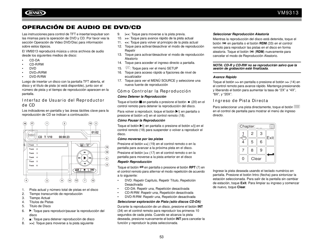 Jensen VM9313 Operación DE Audio DE DVD/CD, Interfaz de Usuario del Reproductor de CD, Ingreso de Pista Directa 