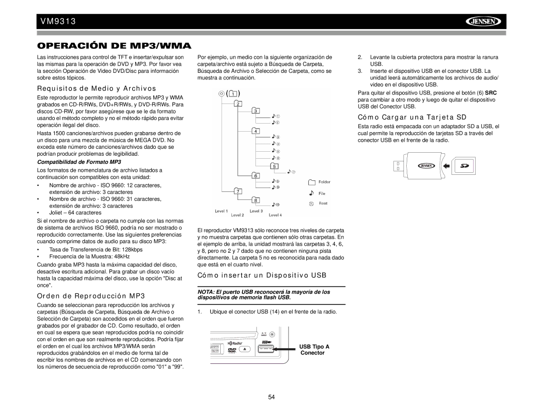 Jensen VM9313 Operación DE MP3/WMA, Requisitos de Medio y Archivos, Orden de Reproducción MP3, Cómo Cargar una Tarjeta SD 