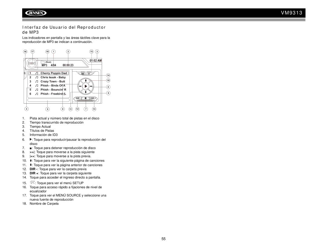 Jensen VM9313 operation manual Interfaz de Usuario del Reproductor de MP3 