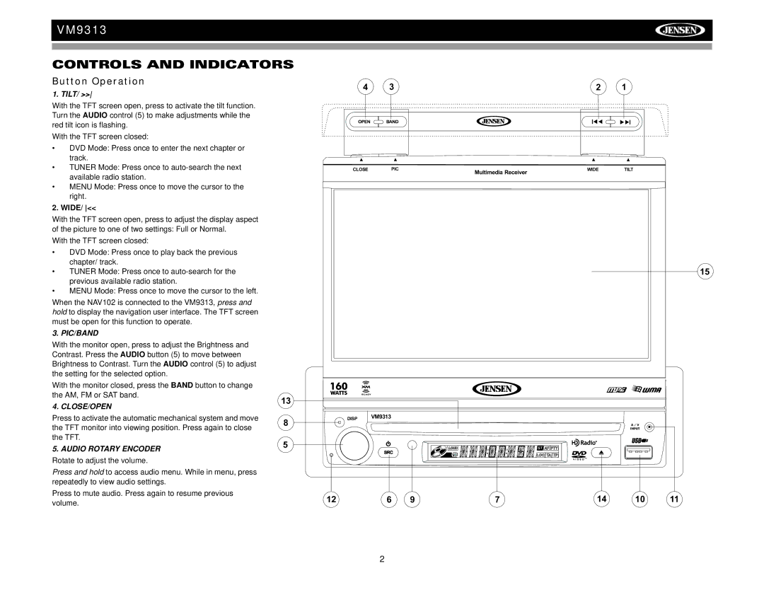 Jensen VM9313 operation manual Controls and Indicators, Button Operation, Tilt, Wide 