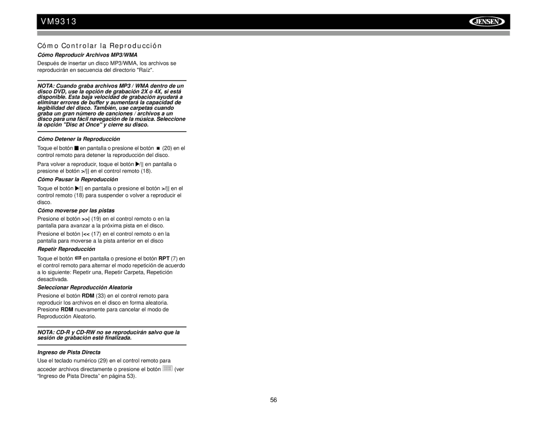 Jensen VM9313 operation manual Cómo Controlar la Reproducción, Cómo Reproducir Archivos MP3/WMA 