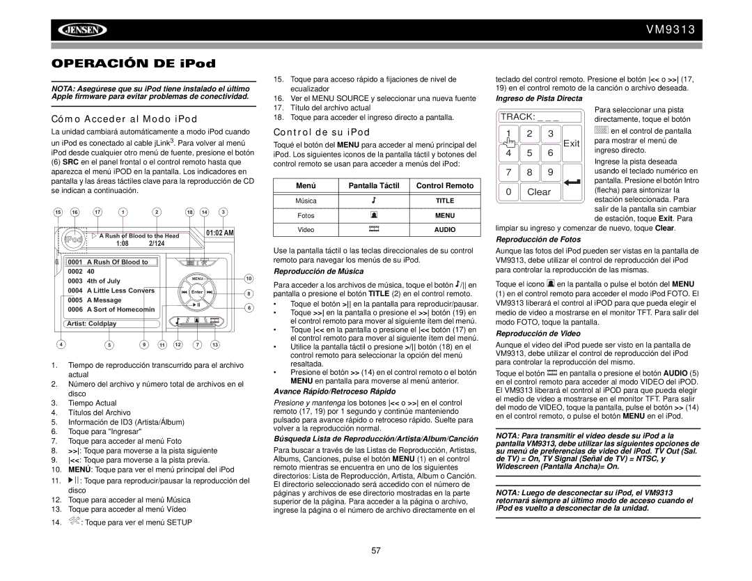 Jensen VM9313 operation manual Cómo Acceder al Modo iPod, Control de su iPod 