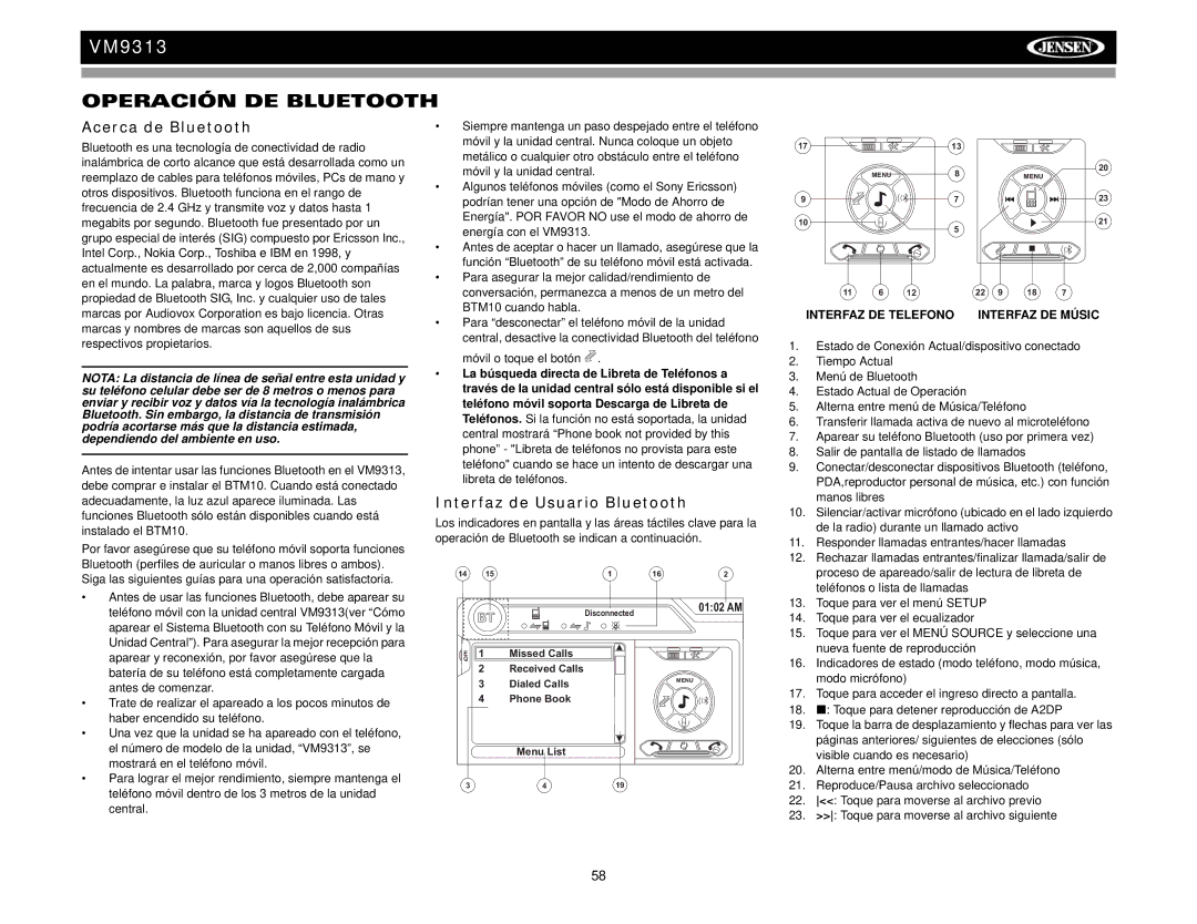 Jensen VM9313 operation manual Operación DE Bluetooth, Acerca de Bluetooth, Interfaz de Usuario Bluetooth 