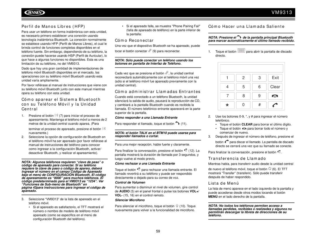 Jensen VM9313 Perfil de Manos Libres HFP, Cómo Reconectar, Cómo administrar Llamadas Entrantes, Transferencia de Llamado 