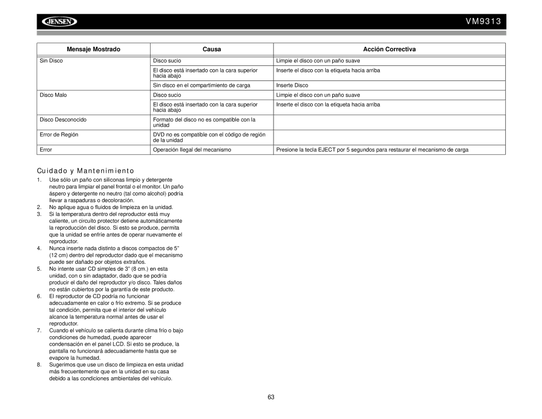 Jensen VM9313 operation manual Cuidado y Mantenimiento 