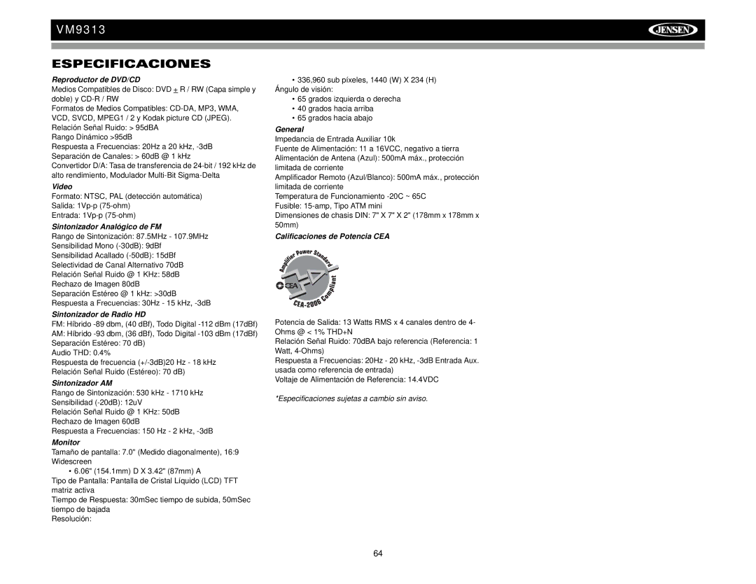 Jensen VM9313 operation manual Especificaciones 