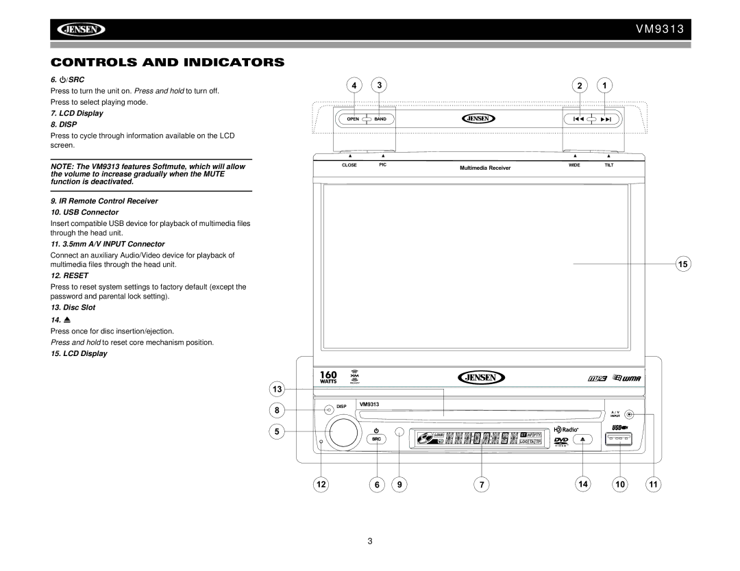 Jensen VM9313 Src, LCD Display, IR Remote Control Receiver USB Connector, 11 .5mm A/V Input Connector, Disc Slot 