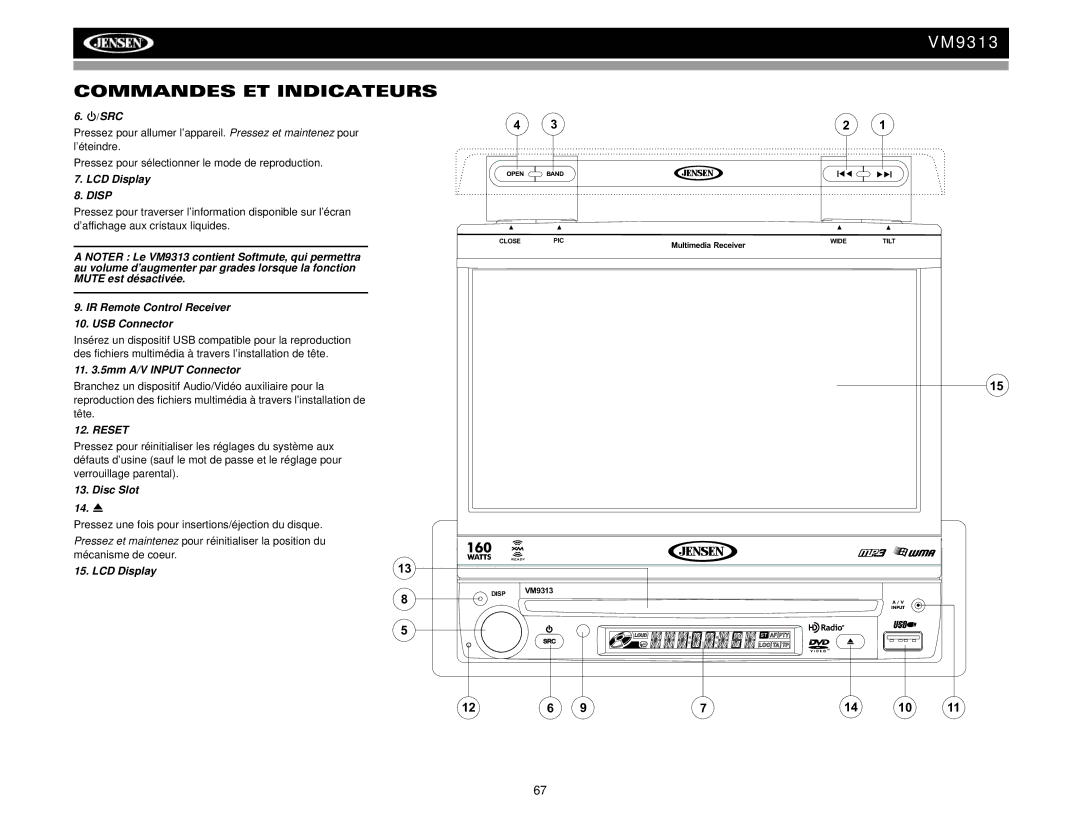 Jensen VM9313 operation manual Disp 