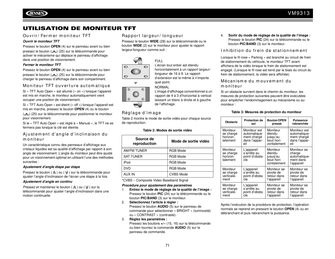 Jensen VM9313 operation manual Utilisation DE Moniteur TFT 