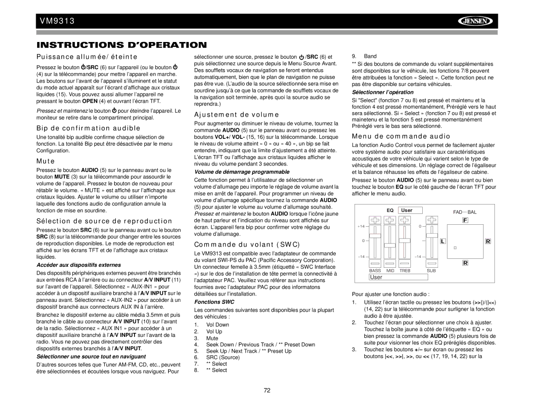 Jensen VM9313 operation manual Instructions D’OPERATION 