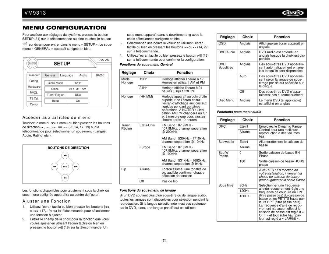 Jensen VM9313 Menu Configuration, Accéder aux articles de menu, Ajuster une Fonction, Réglage Choix Fonction 