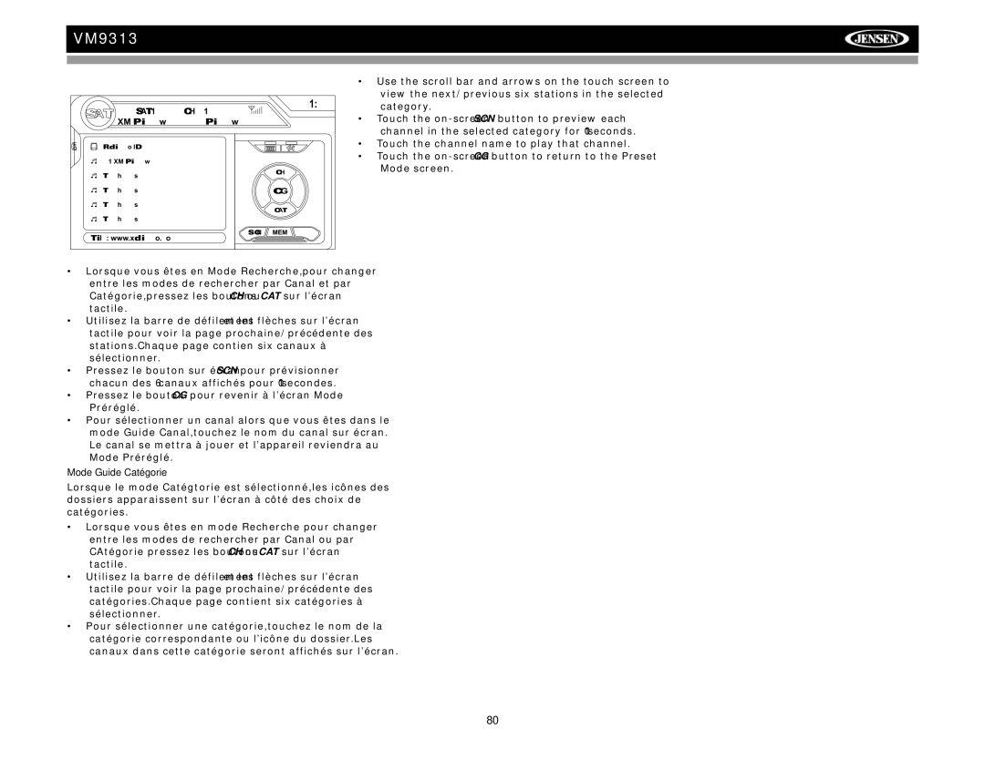 Jensen VM9313 operation manual Mode Guide Catégorie 