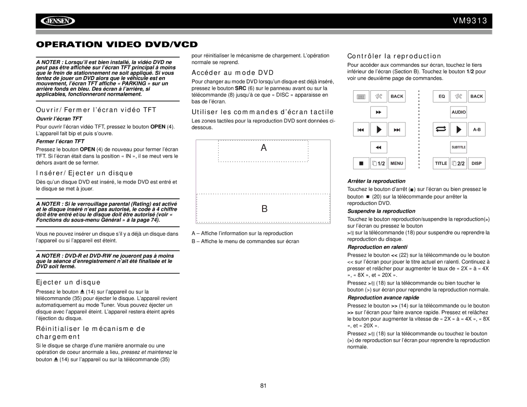 Jensen VM9313 operation manual Operation Video DVD/VCD 