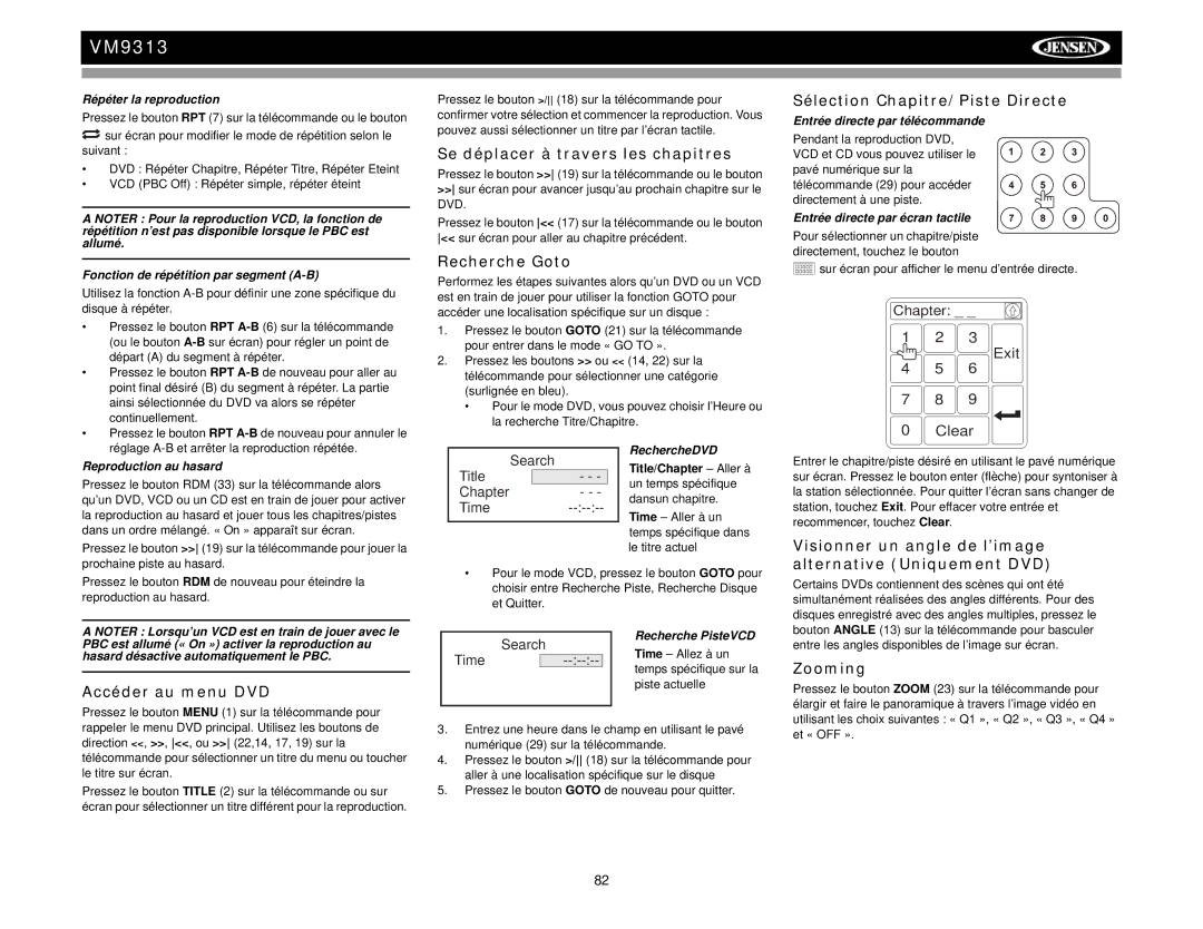 Jensen VM9313 Se déplacer à travers les chapitres, Recherche Goto, Sélection Chapitre/Piste Directe, Accéder au menu DVD 