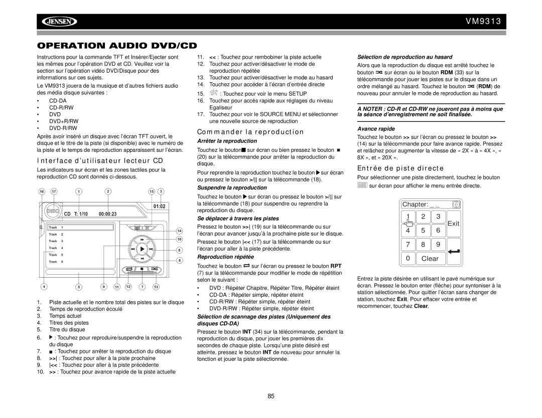 Jensen VM9313 operation manual Operation Audio DVD/CD, Interface d’utilisateur lecteur CD, Commander la reproduction 