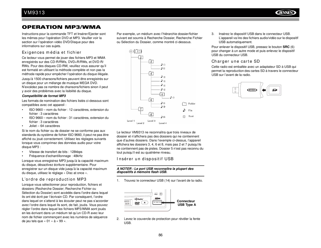 Jensen VM9313 Operation MP3/WMA, Exigences média et fichier, ’ordre de reproduction MP3, Insérer un dispositif USB 