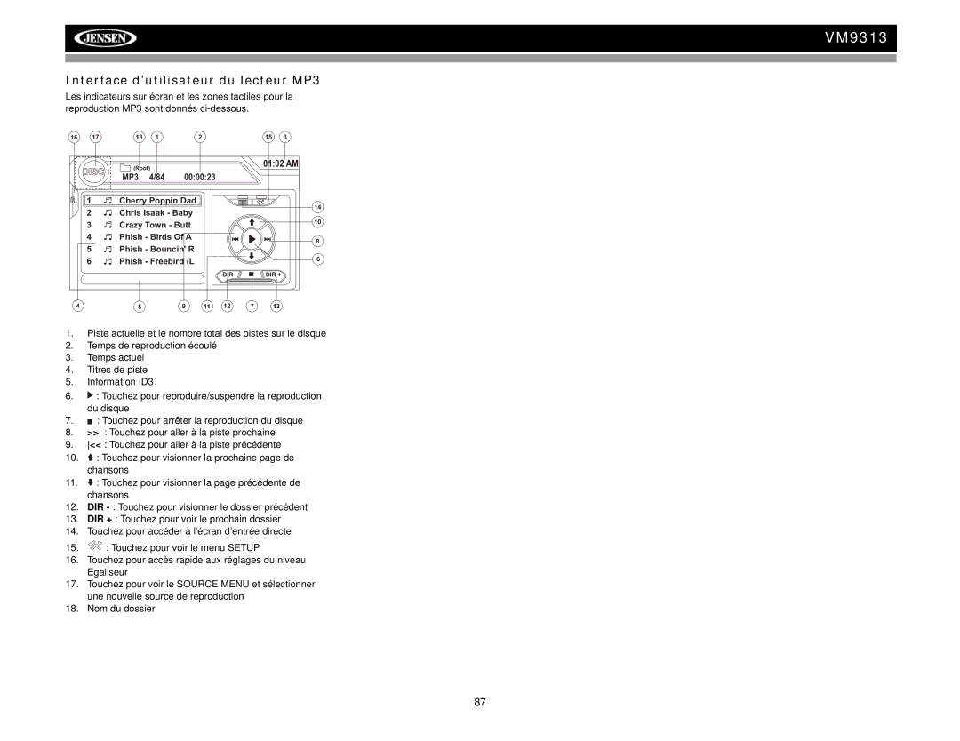 Jensen VM9313 operation manual Interface d’utilisateur du lecteur MP3 