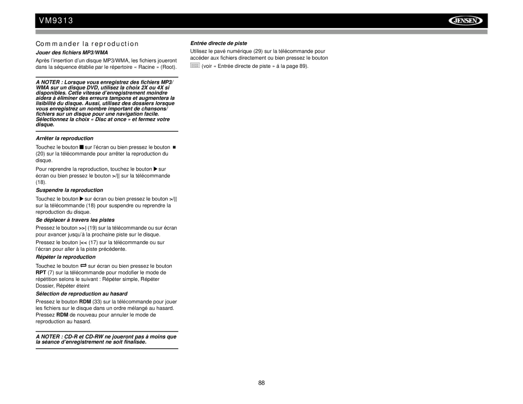 Jensen VM9313 operation manual Jouer des fichiers MP3/WMA, Entrée directe de piste 