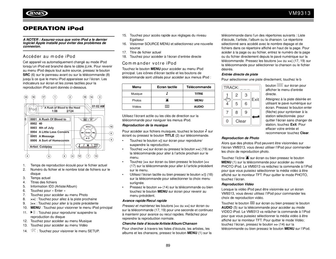 Jensen VM9313 operation manual Accéder au mode iPod, Commander votre iPod 