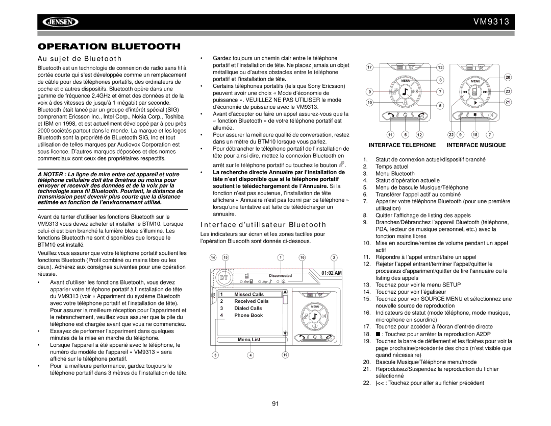 Jensen VM9313 operation manual Operation Bluetooth, Au sujet de Bluetooth, Interface d’utilisateur Bluetooth 