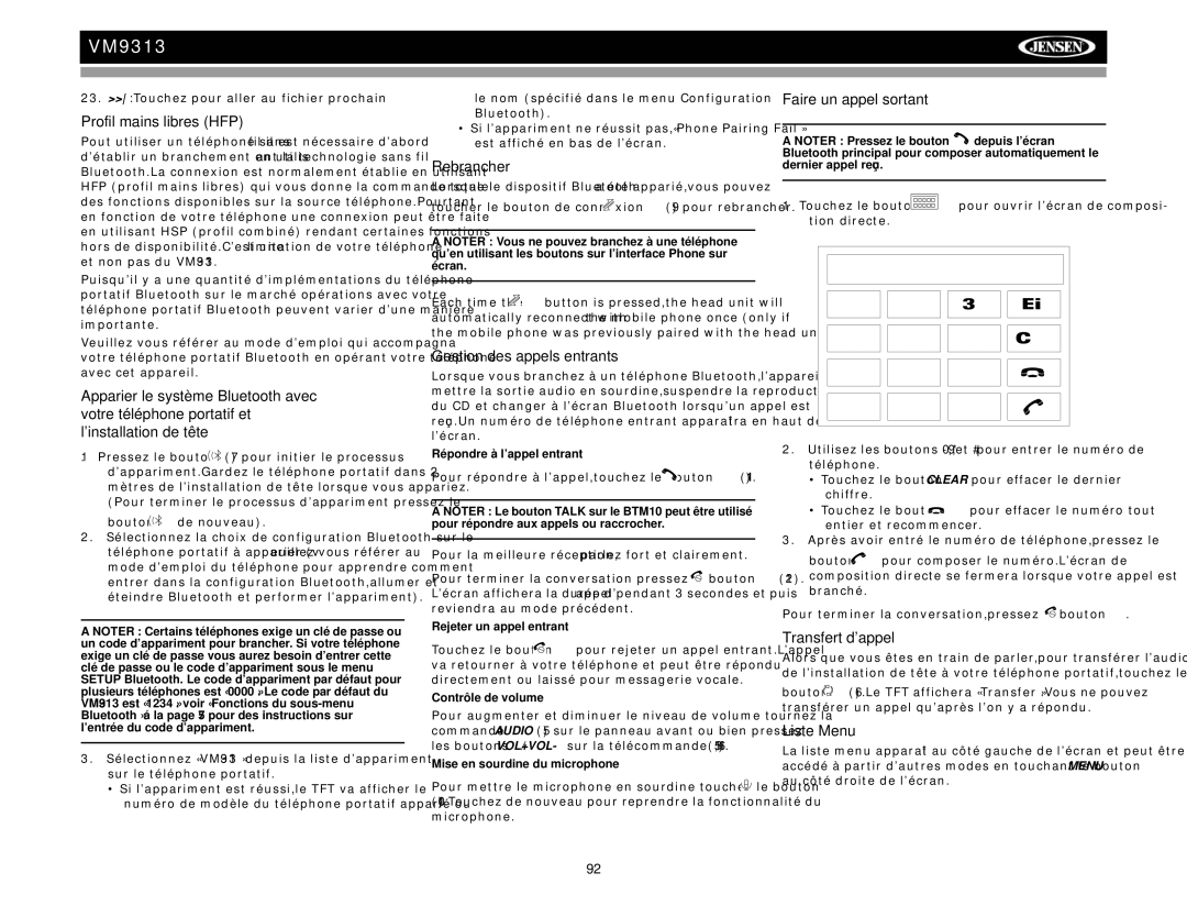 Jensen VM9313 Profil mains libres HFP, Rebrancher, Gestion des appels entrants, Faire un appel sortant, Transfert d’appel 