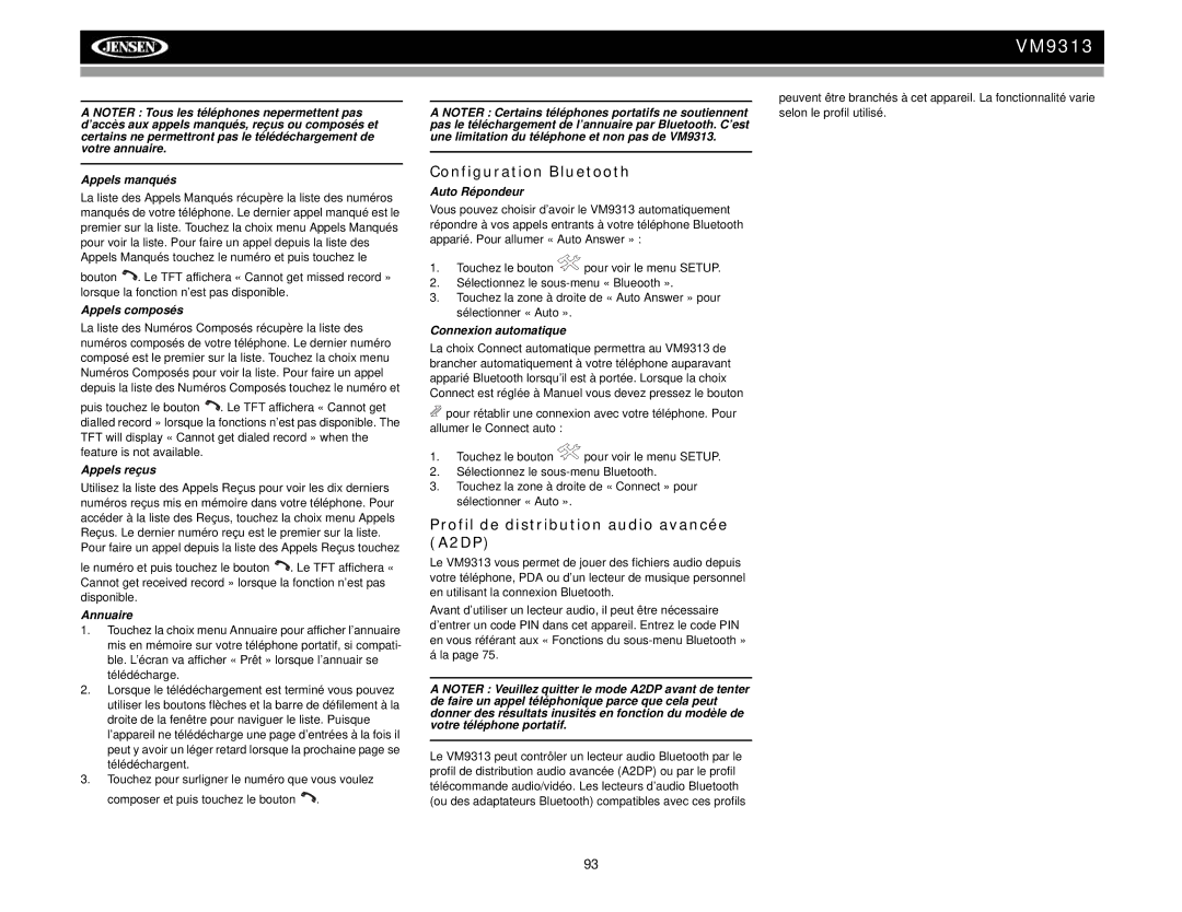 Jensen VM9313 operation manual Configuration Bluetooth, Profil de distribution audio avancée A2DP 