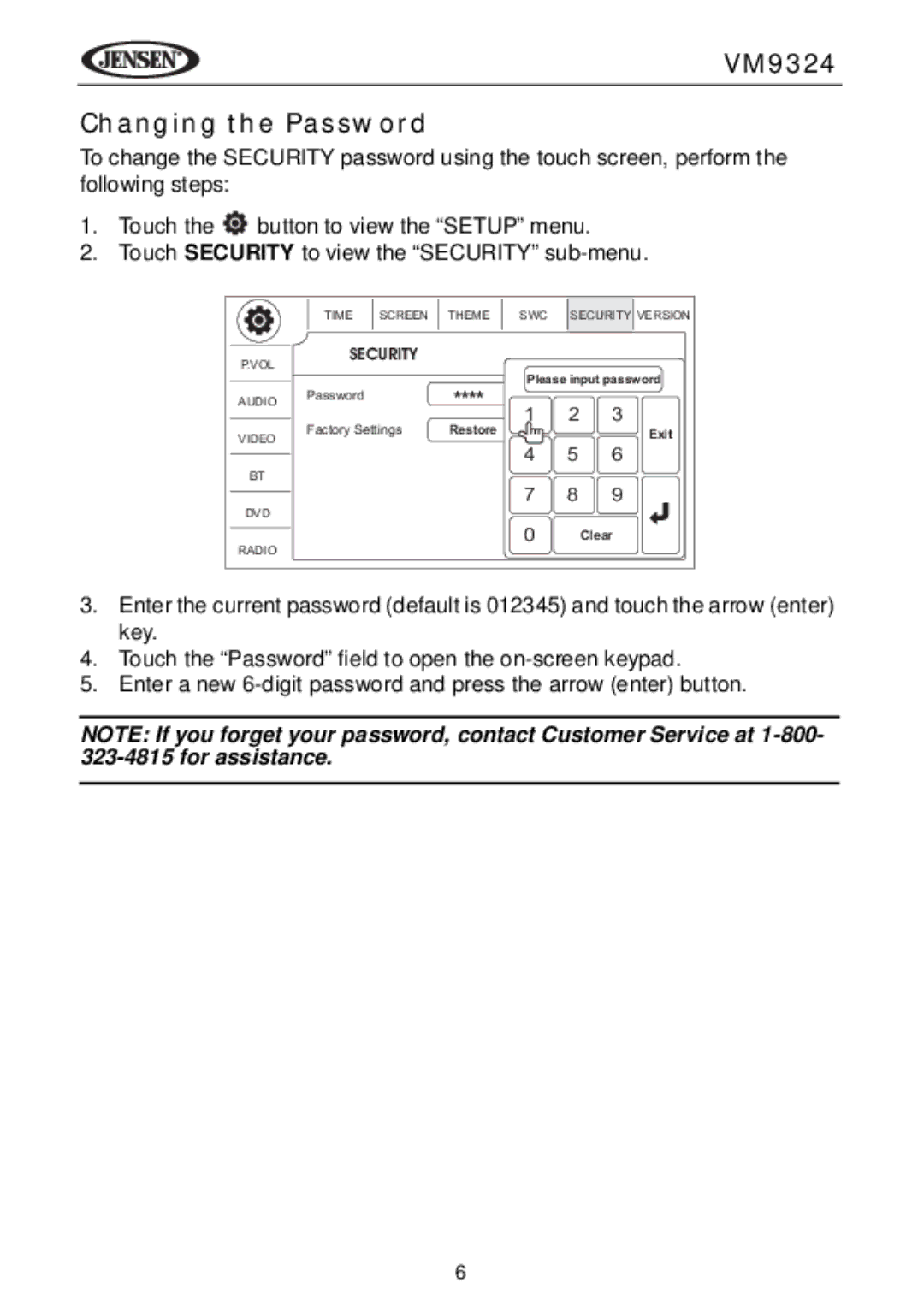 Jensen VM9324 manual Changing the Password 