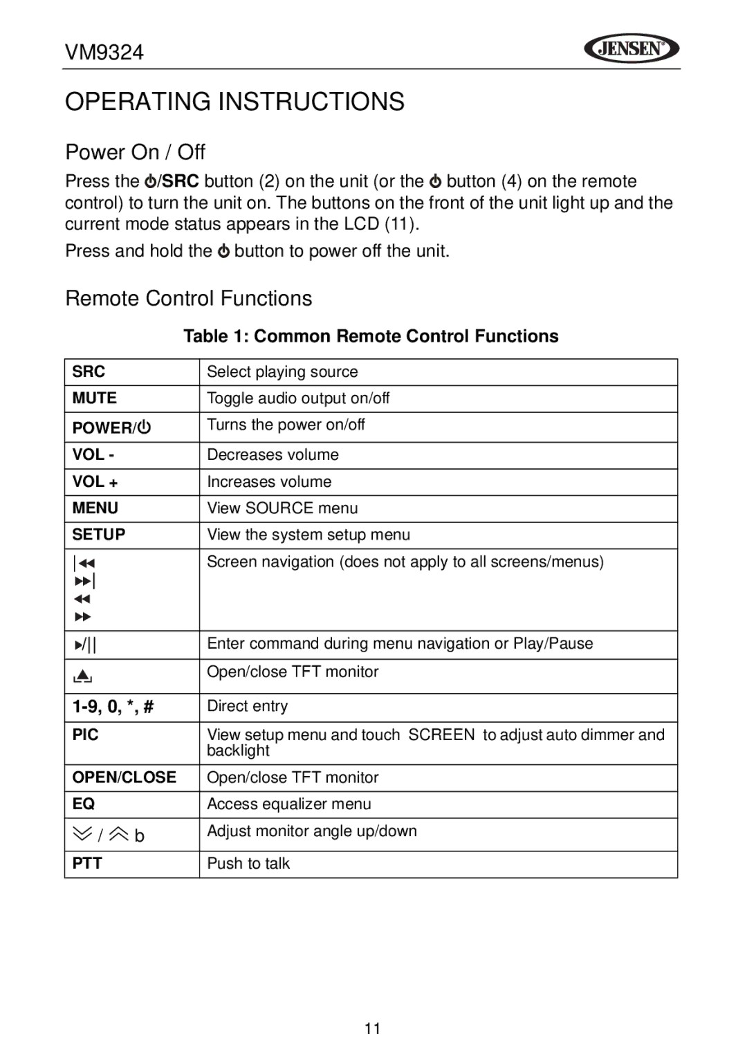 Jensen VM9324 manual Operating Instructions, Power On / Off, Common Remote Control Functions, 0, *, # 