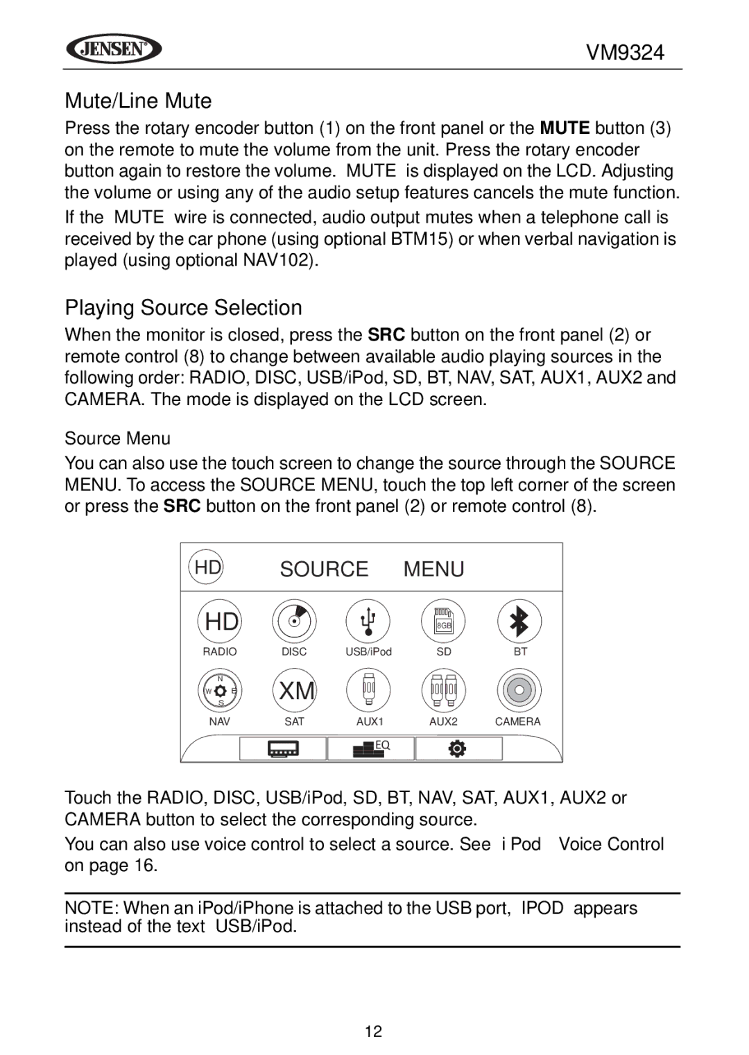 Jensen VM9324 manual Mute/Line Mute, Playing Source Selection, Source Menu 