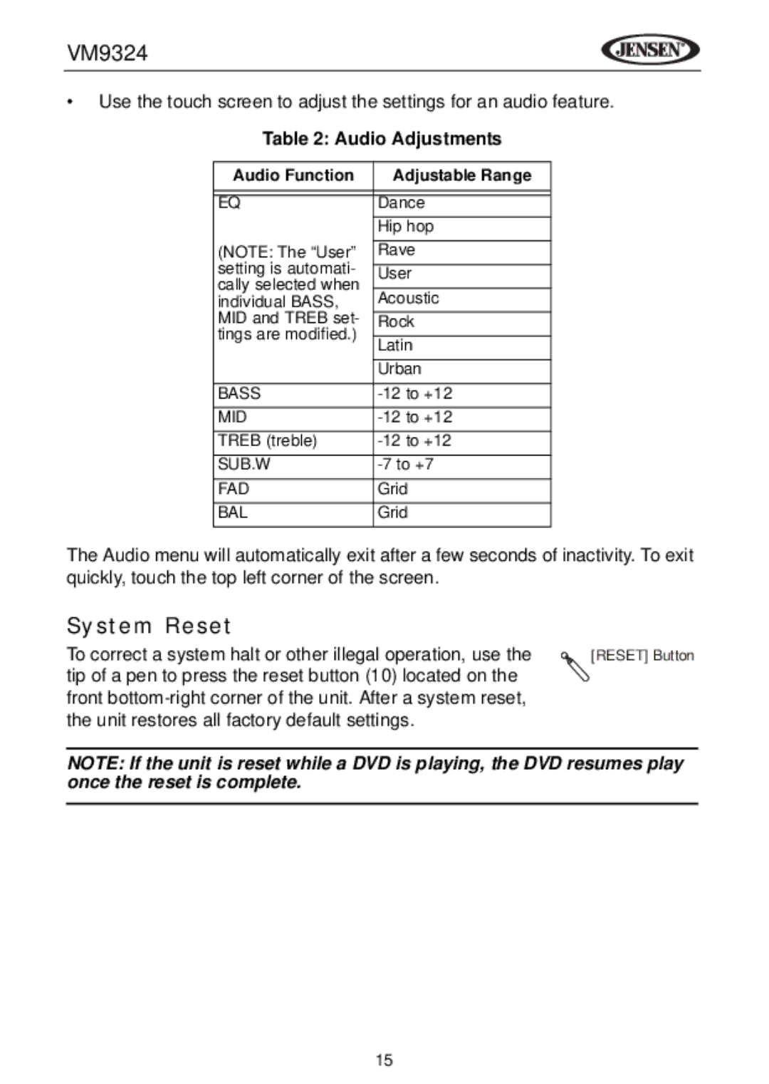 Jensen VM9324 manual System Reset, Audio Adjustments 