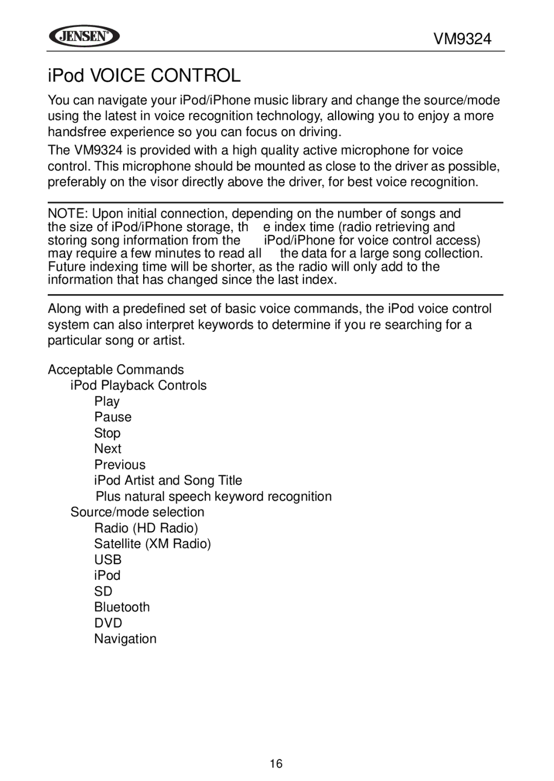 Jensen VM9324 manual IPod Voice Control, Acceptable Commands 