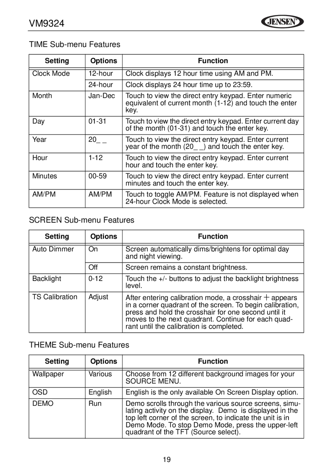 Jensen VM9324 manual Time Sub-menu Features, Screen Sub-menu Features, Theme Sub-menu Features 