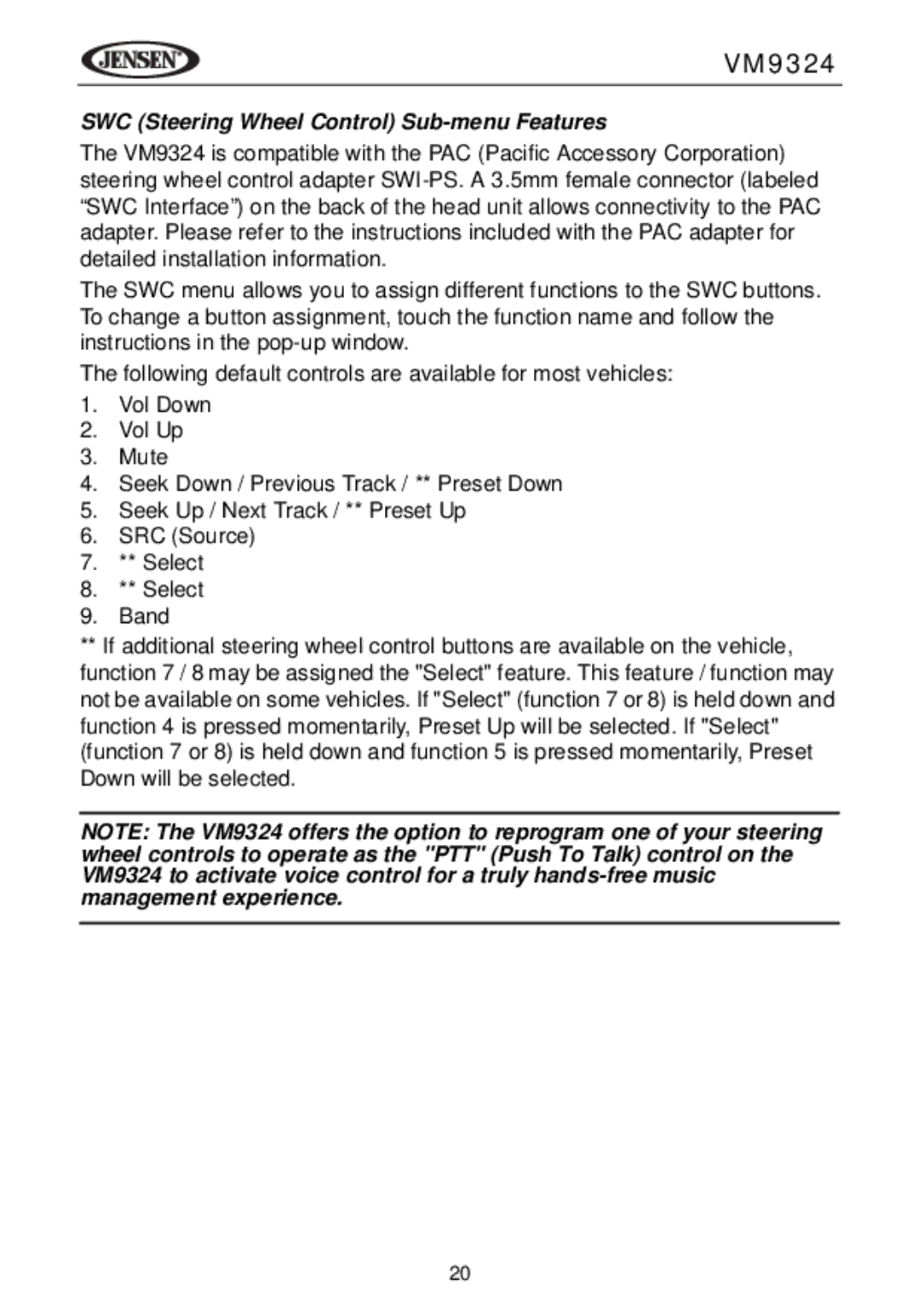 Jensen VM9324 manual SWC Steering Wheel Control Sub-menu Features 