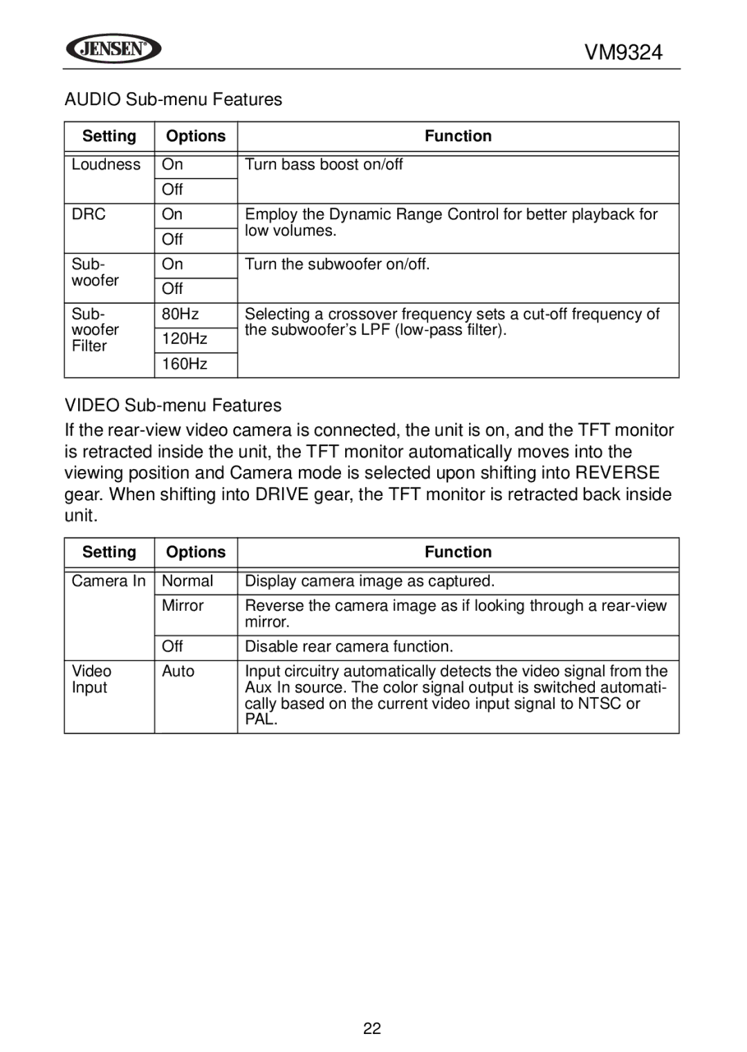 Jensen VM9324 manual Audio Sub-menu Features, Video Sub-menu Features 