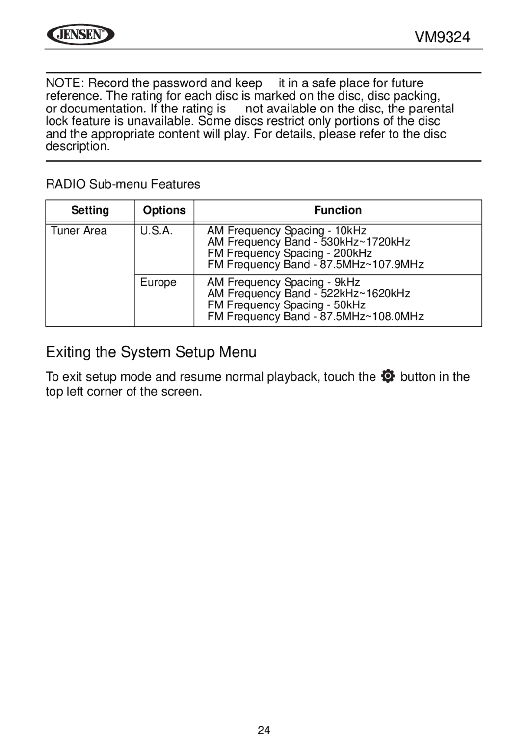 Jensen VM9324 manual Exiting the System Setup Menu, Radio Sub-menu Features 