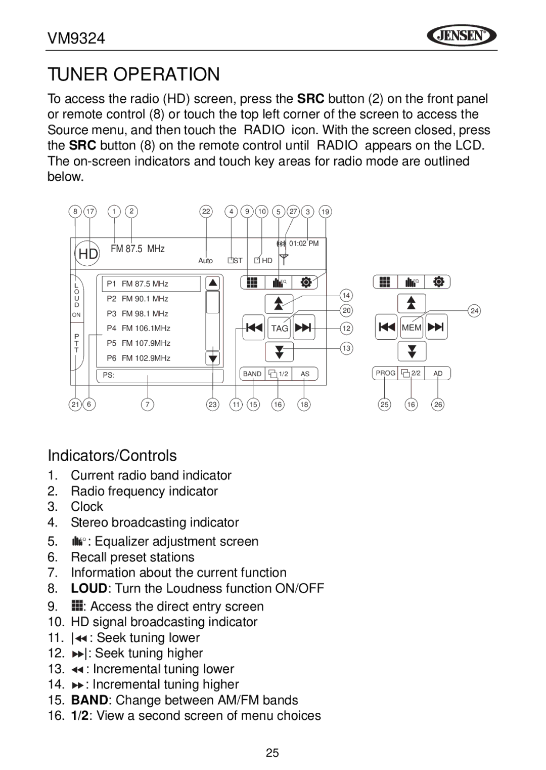 Jensen VM9324 manual Tuner Operation, Indicators/Controls 