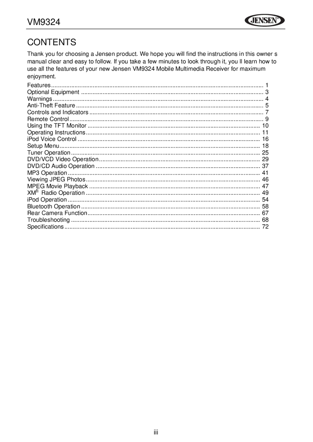 Jensen VM9324 manual Contents 