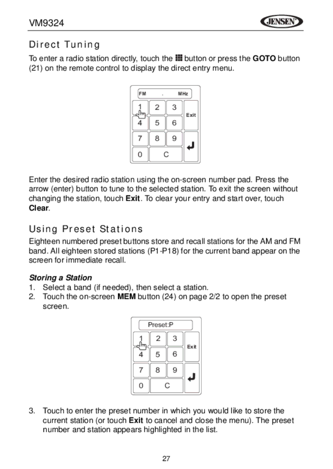 Jensen VM9324 manual Direct Tuning, Using Preset Stations, Storing a Station 