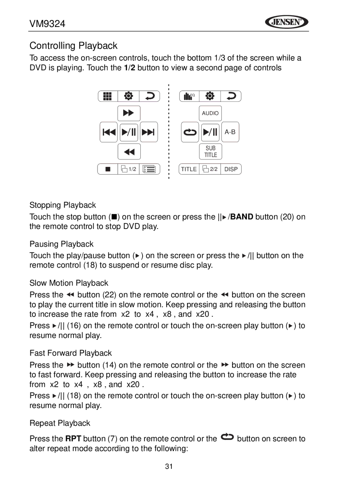 Jensen VM9324 manual Controlling Playback 