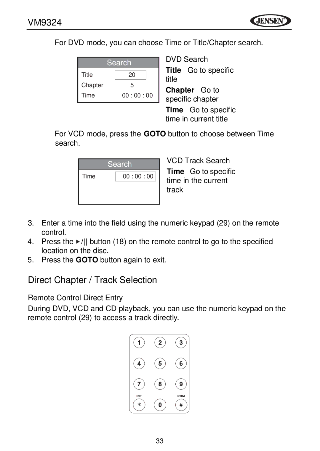 Jensen VM9324 manual Direct Chapter / Track Selection, VCD Track Search, Remote Control Direct Entry 