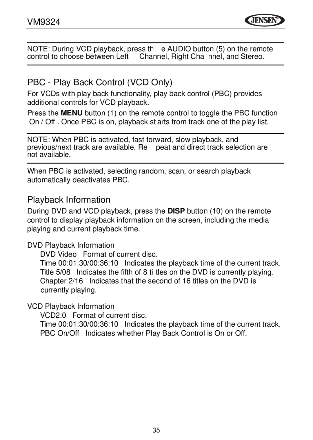 Jensen VM9324 manual PBC Play Back Control VCD Only, DVD Playback Information, VCD Playback Information 