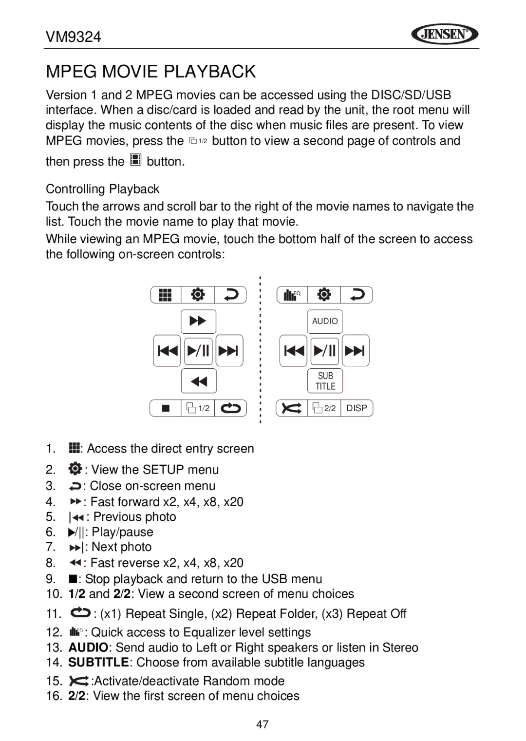 Jensen VM9324 manual Mpeg Movie Playback 